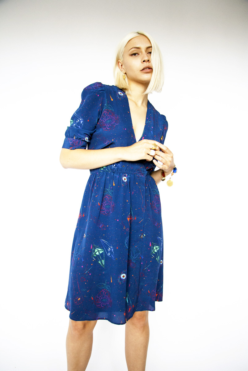 Digitally printed STARDUST BLUE, silk LOVE wrap dress Photo. Jessica Sargeant. Model Charlie Siddick