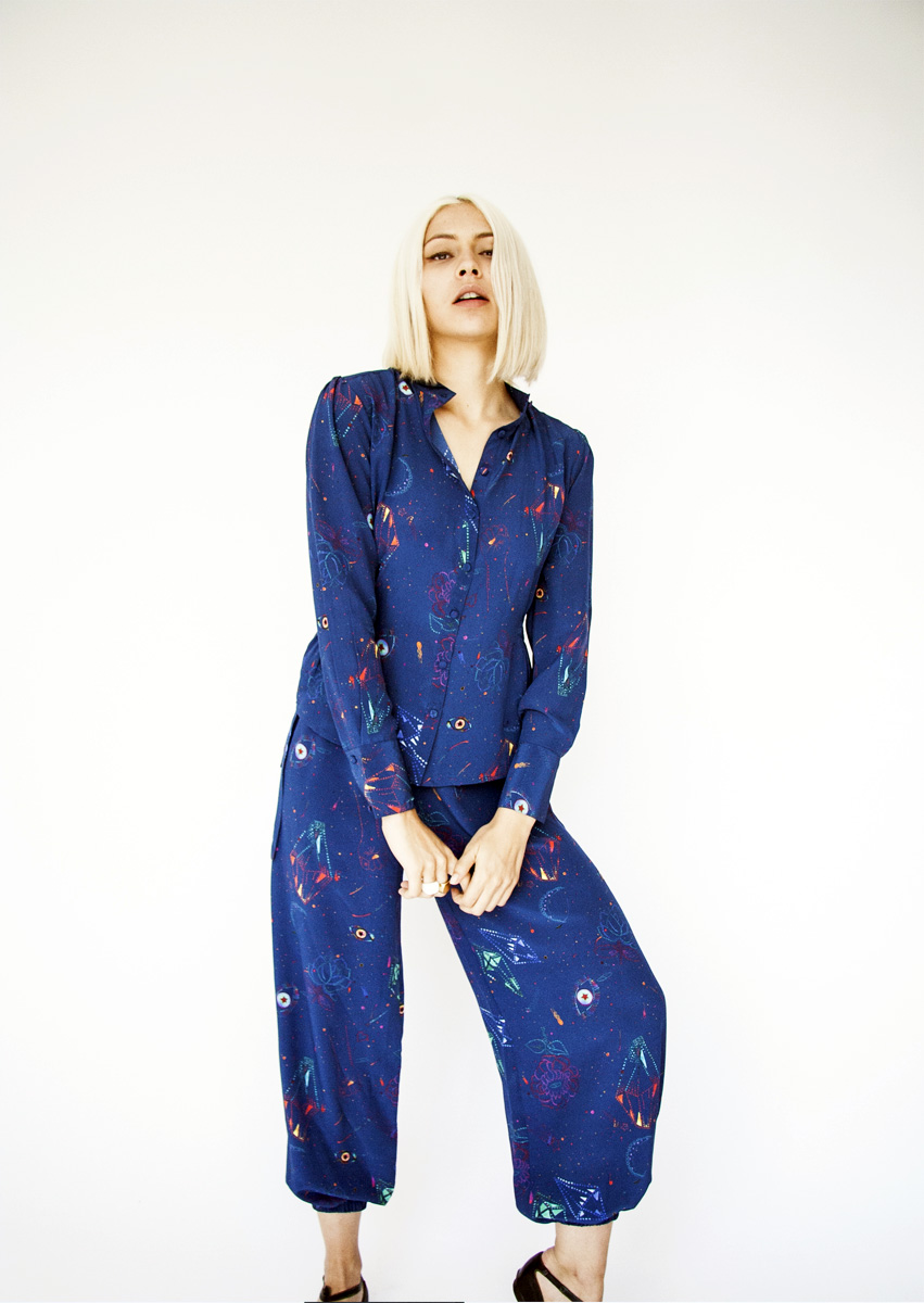 Digitally printed STARDUST BLUE, silk TIFF trosuers & DEBRA blouse Photo. Jessica Sargeant. Model Charlie Siddick