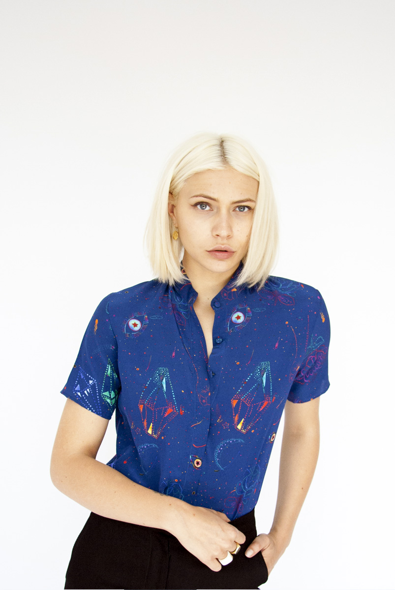 Digitally printed STARDUST BLUE, silk LANA shirt Photo. Jessica Sargeant. Model Charlie Siddick