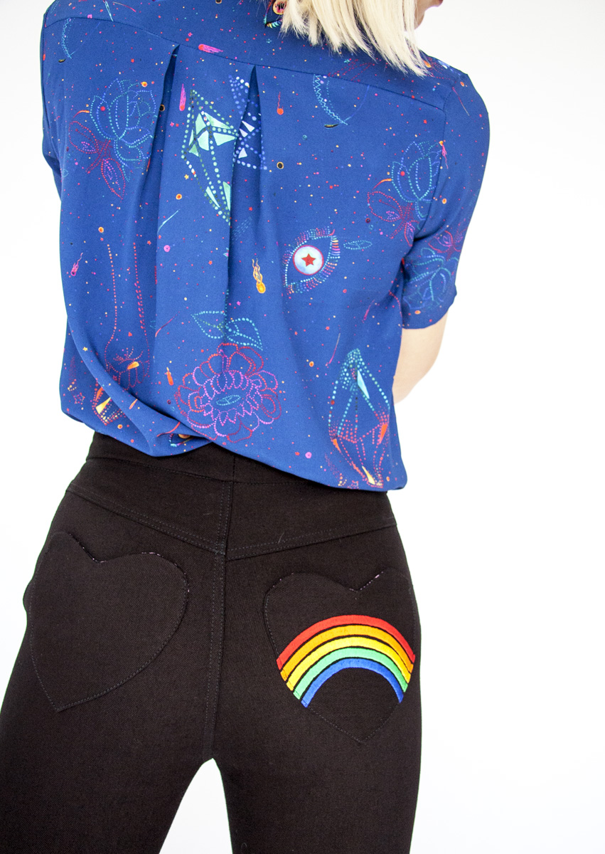 Digitally printed STARDUST BLUE, silk LANA shirt and Embroidered jeans Photo. Jessica Sargeant. Model Charlie Siddick