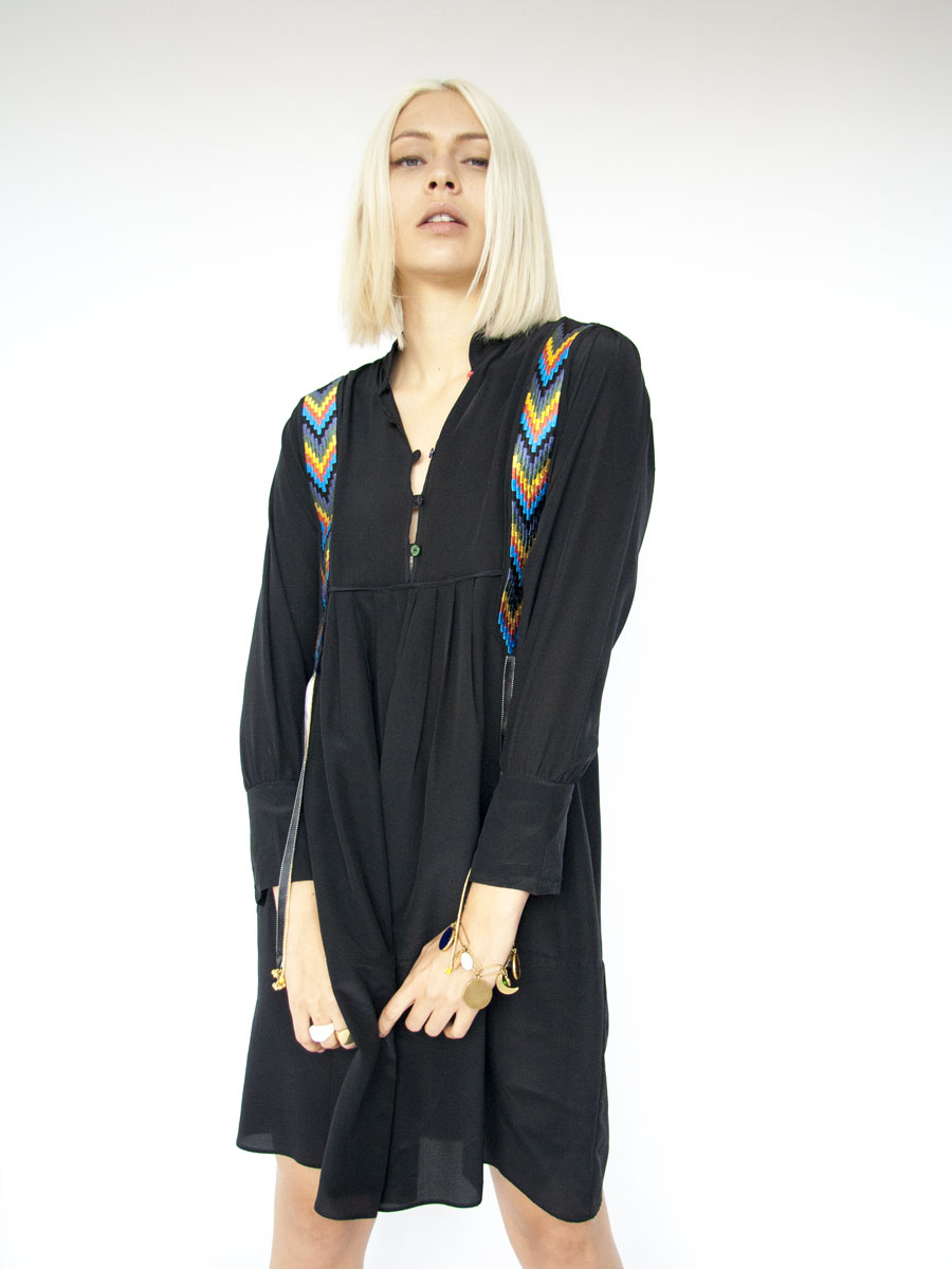 Embroidered IKAT silk MAGIC dress Photo. Jessica Sargeant. Model Charlie Siddick