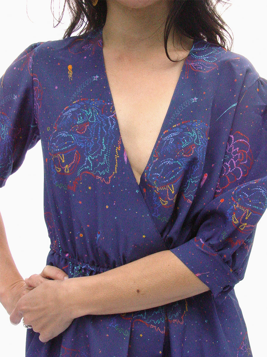 'Stardust' all-over printed silk wrap dress. Model: Deanne Liew