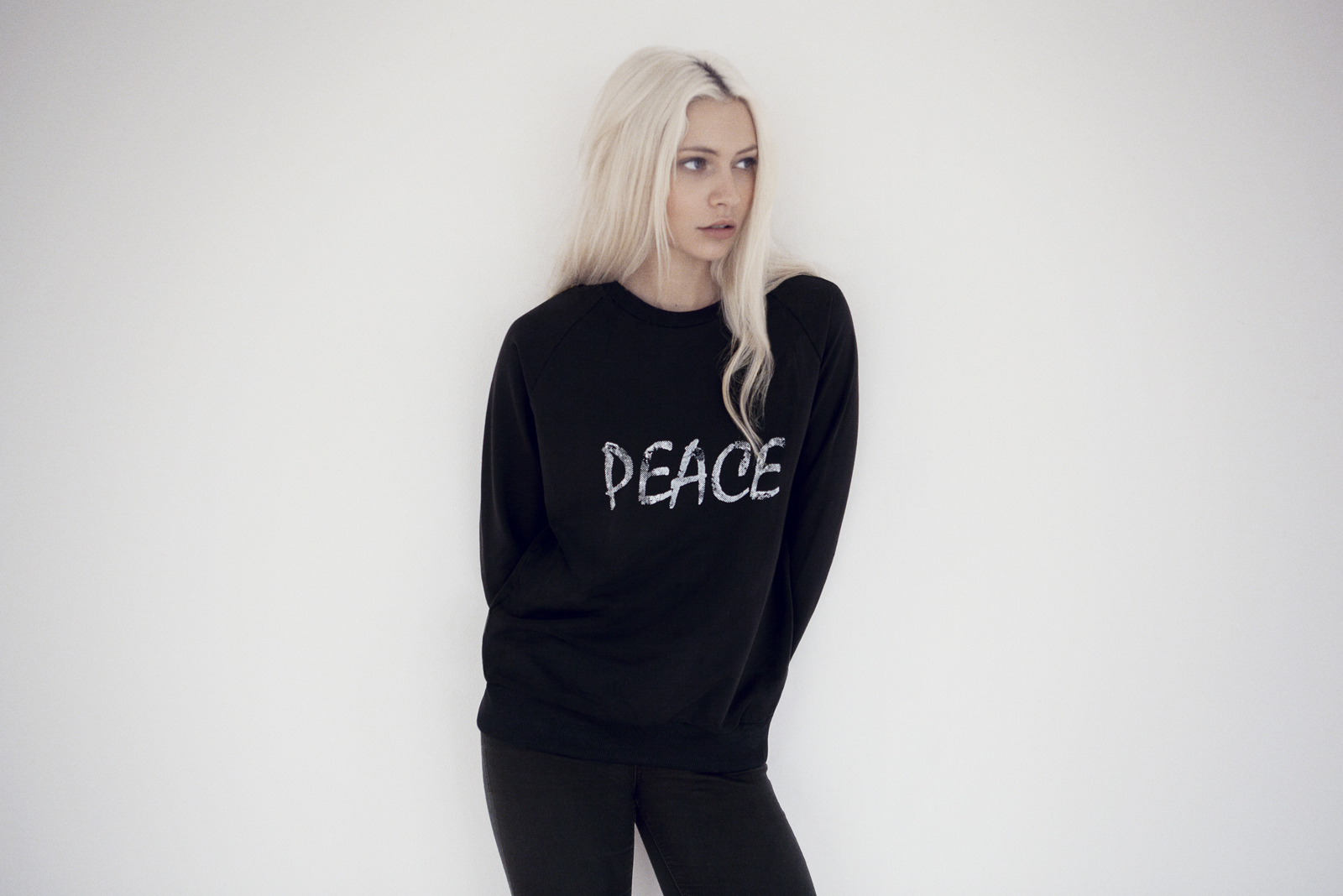 Peace Moon Text Sweat. Photography by Jessica Sargeant. Model Charlie Siddick.