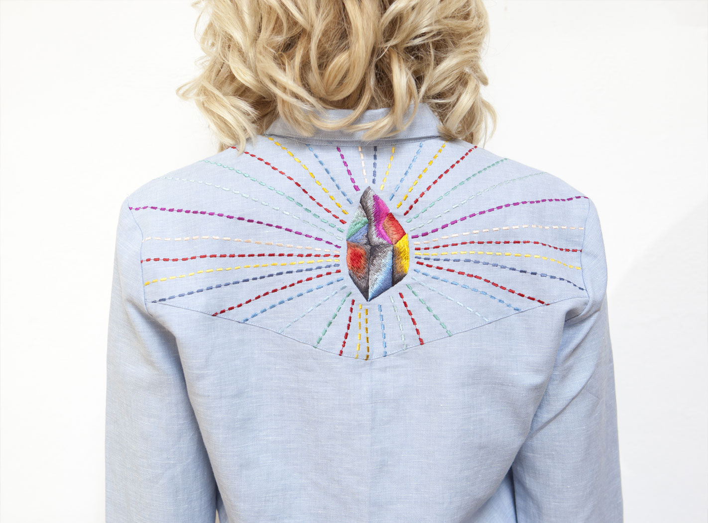 SIDSEL Chambray jumpsuit with embroidered RAINBOW CRYSTAL on the back panel & CHANGING MOON on front button placket